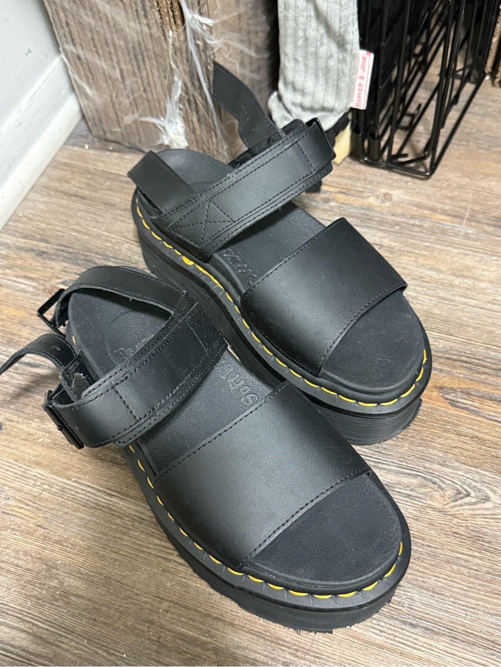 Dr. Martens Black Leather Platform Sandals with Yellow Stitching